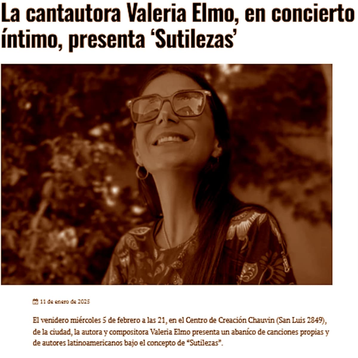 La cantautora Valeria Elmo presenta Sutilezas